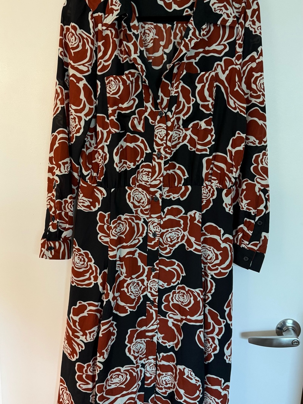 Who What Wear Black Long-Sleeve Button-Front Dress with Rust Floral Print